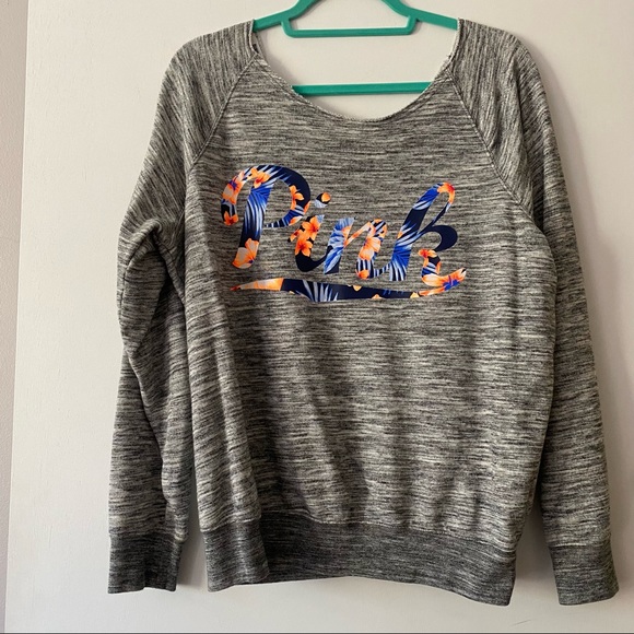 Victoria’s Secret PINK Grey Off the Shoulder Tropical Floral Logo Sweatshirt - Picture 1 of 5